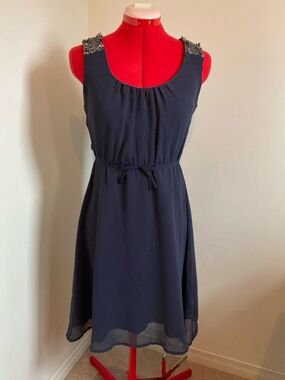 Esley Navy Sleeveless Dress with Beaded Shoulders